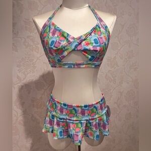 NWT- Body Zone Colorful Geometric halter twist top & mini skirt Set
